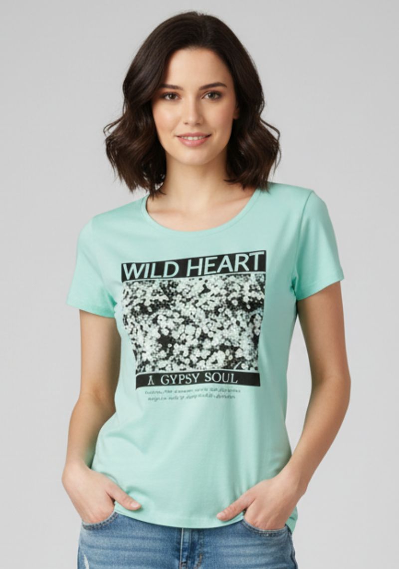 WOMENS T-SHIRT [MD] - TEAL GREEN AND BLACK PRINT