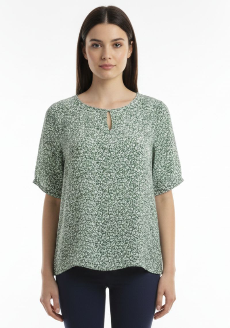 WOMENS WESTERN TOP [SL] - GREEN AND WHITE PRINTED