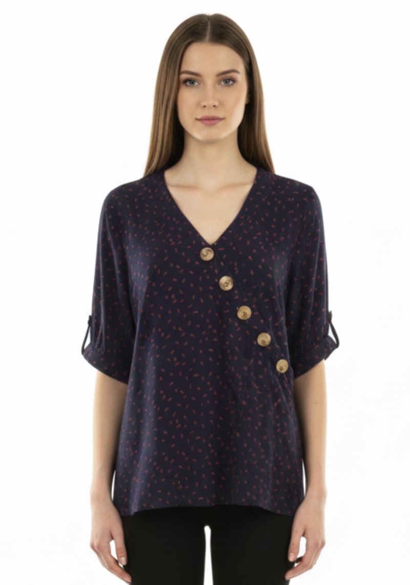 WOMENS WESTERN TOP [SL] - NAVY BLUE PRINTED