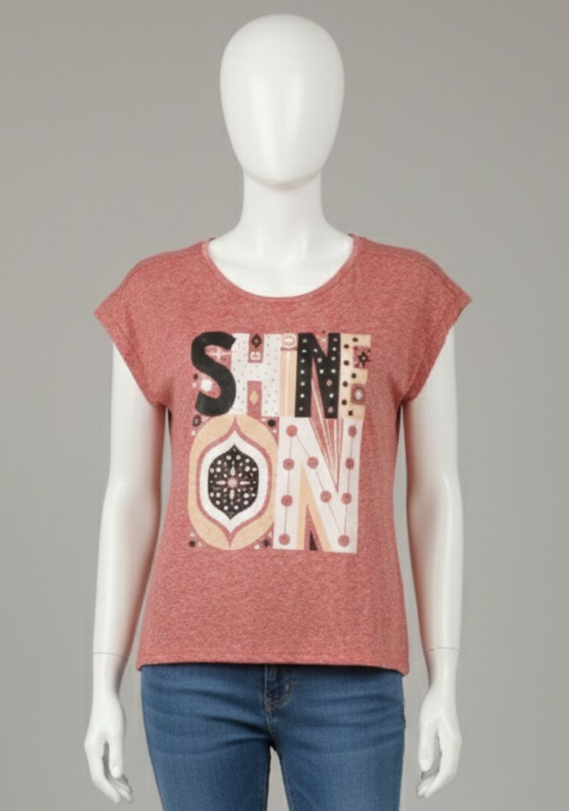WOMENS T-SHIRT [MD] - RED MELANGE & MULTI COLOR PRINT