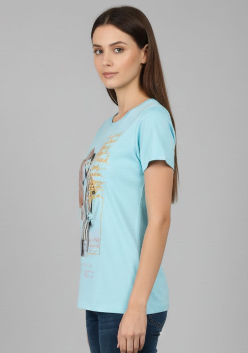 WOMENS T-SHIRT [MD] - SEA BLUE & MULTI COLOR PRINT