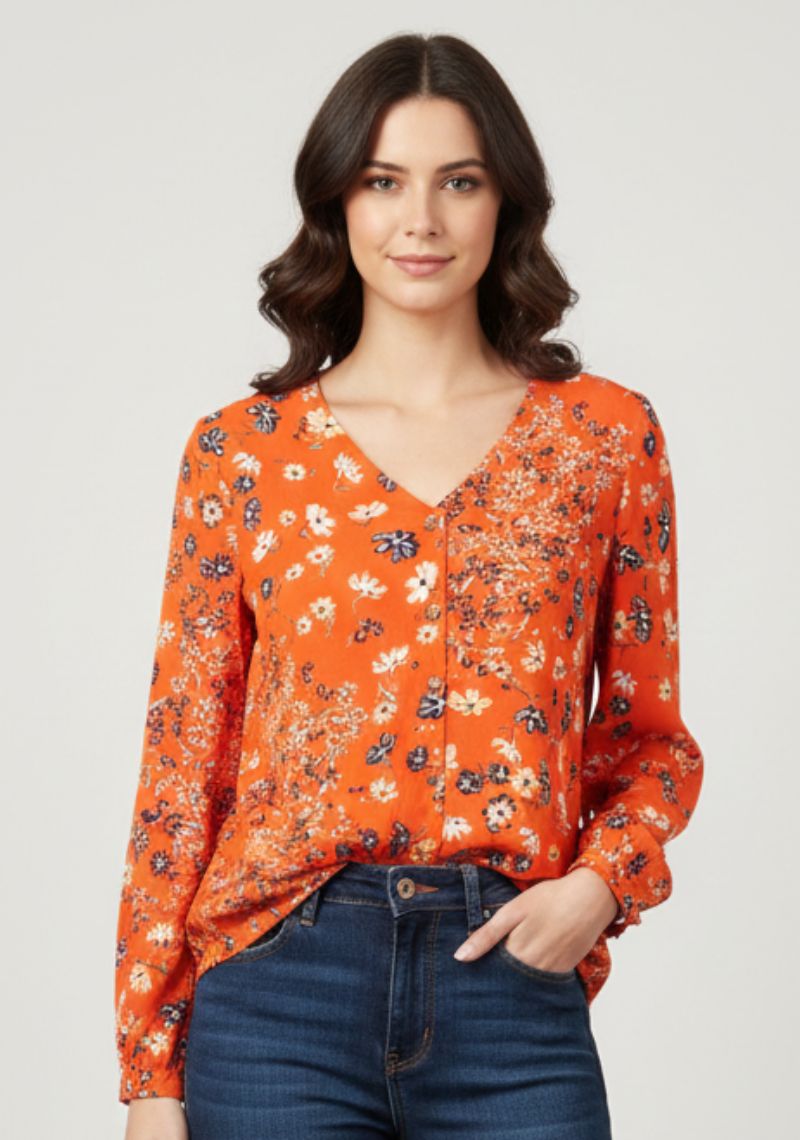 WOMEN WESTERN TOP - ORANGE FLORAL PRINT