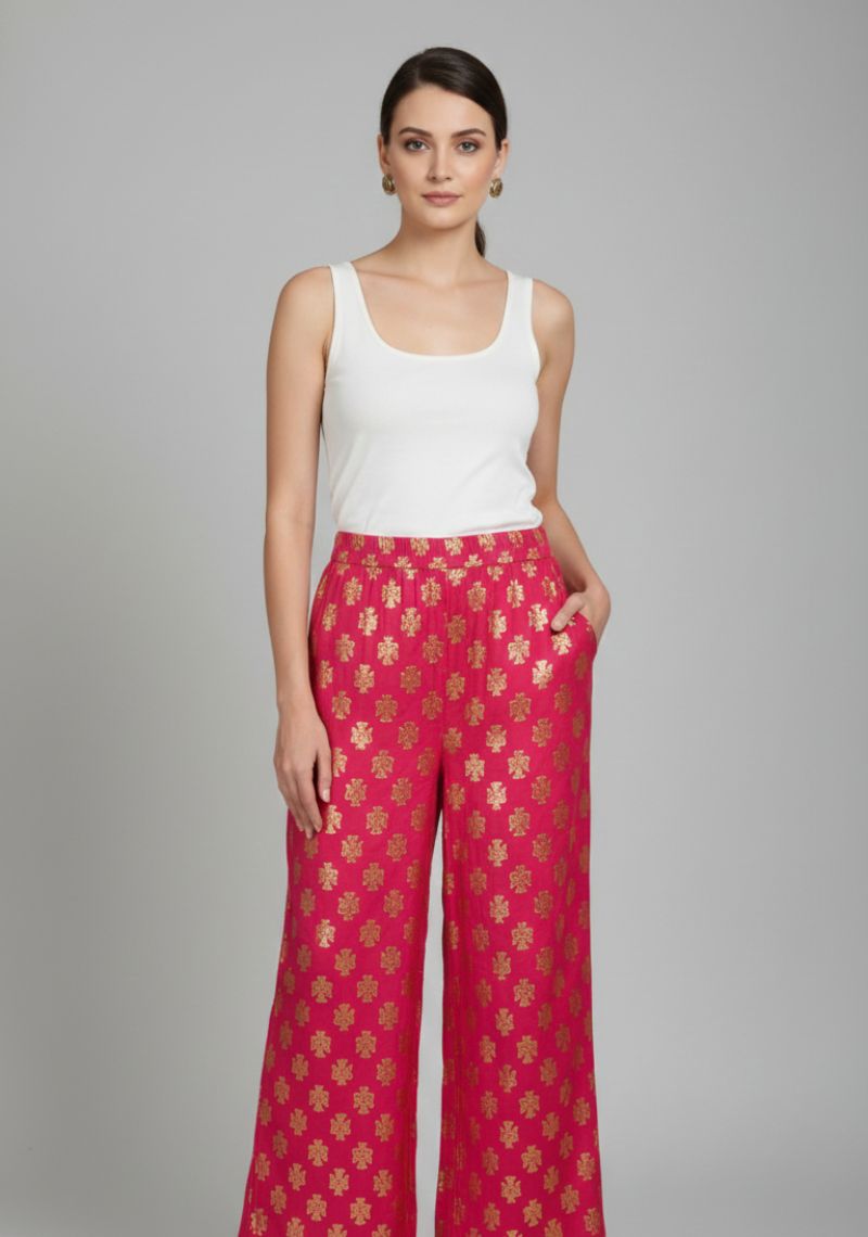 WOMENS PALAZZO - FUSCHIA PINK AND GOLDEN PRINTED