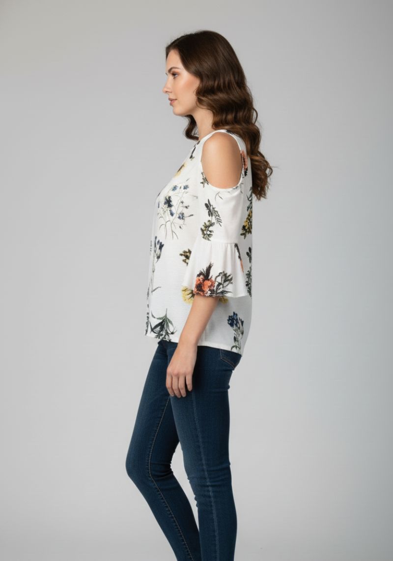 WOMEN WESTERN TOP - WHITE AND GREEN FLORAL PRINT