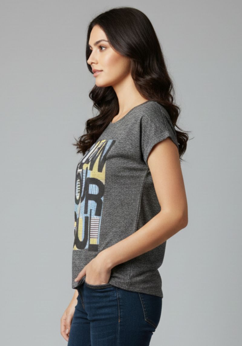 WOMENS T-SHIRT [MD] - LIGHT BLACK & MULTI COLOR PRINT