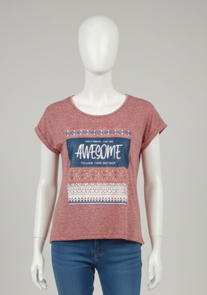 WOMENS T-SHIRT - RED MELANGE [MULTI COLOR PRINT]