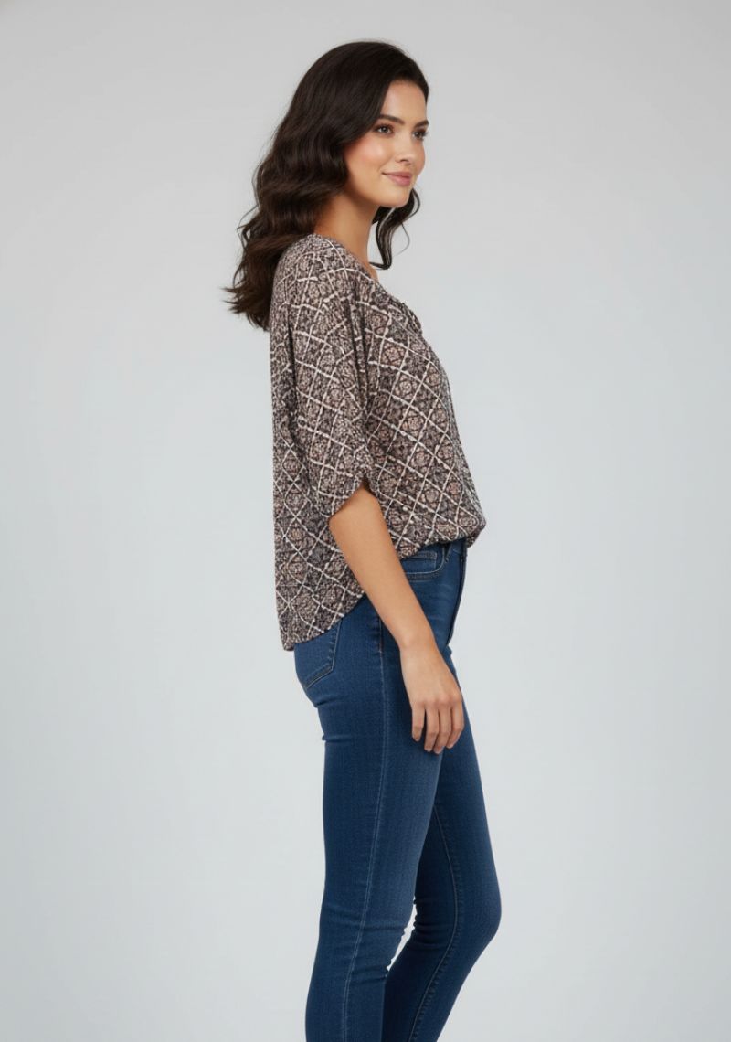 WOMEN WESTERN TOP - BROWN AND MULTI CLOR PRINTED