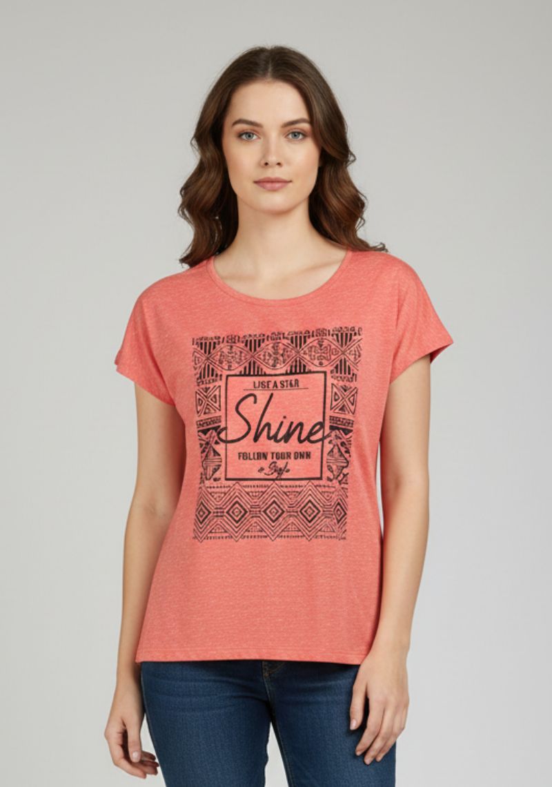 WOMENS T-SHIRT - LIGHT RED AND BLACK PRINTED