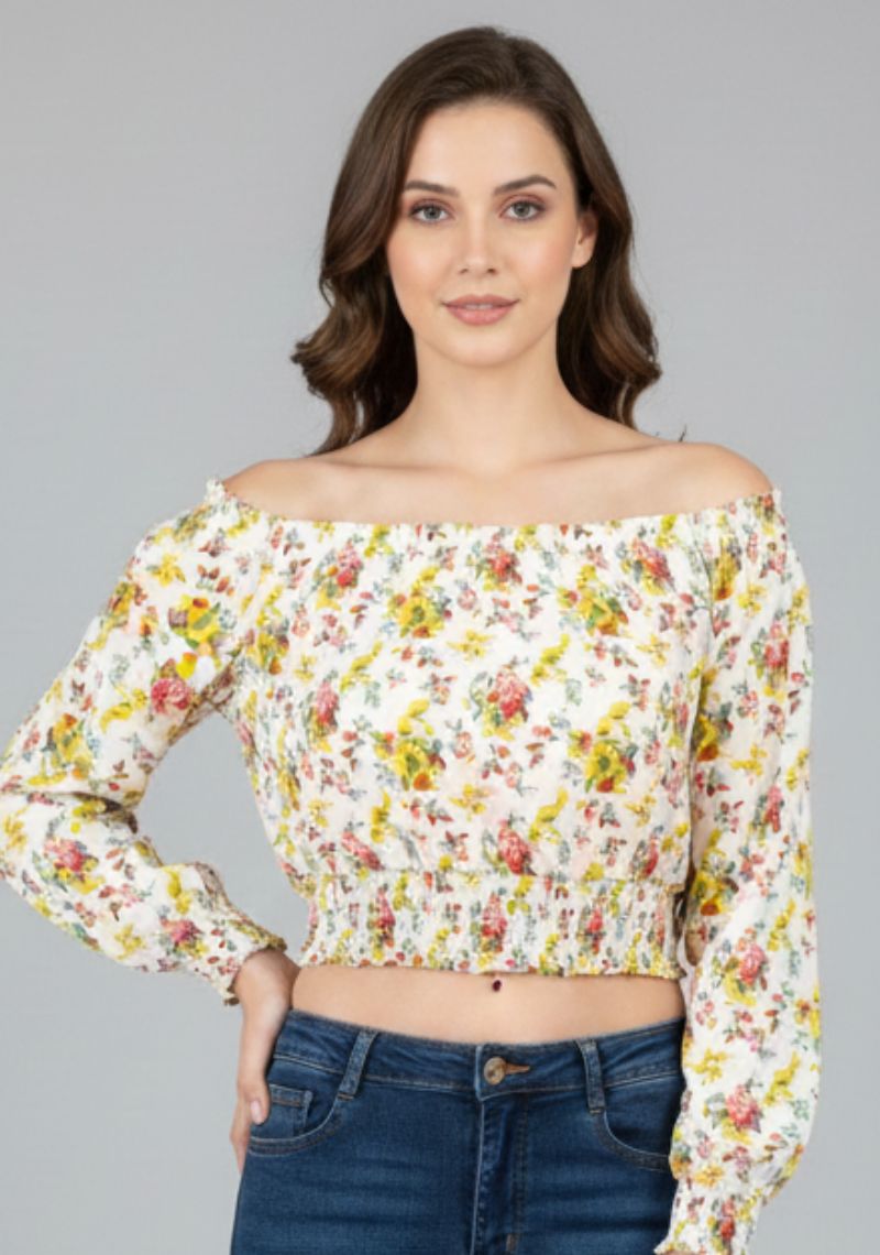 WOMEN WESTERN TOP - YELLOW [ FLORAL PRINT ]