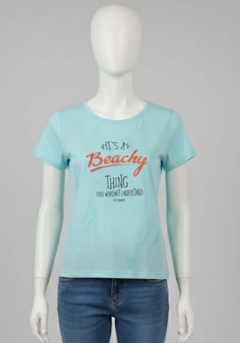 WOMENS T-SHIRT [MD] - SKY BLUE [ORANGE AND BLACK PRINT ]