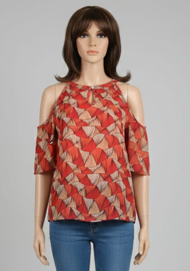 WOMENS WESTRN TOP [SL] - RED AND ORANGE PRINT