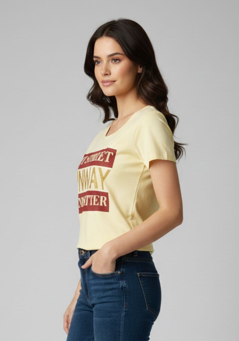 WOMENS T-SHIRT - LIGHT YELLOW AND MULTI COLOR PRINTED