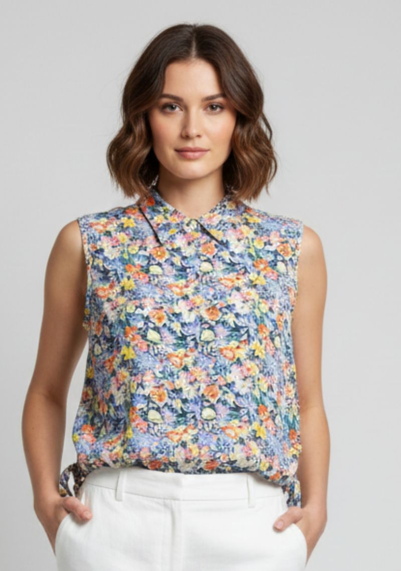WOMEN WESTERN TOP - LIGHT BLUE AND MULTI CLOR FLORAL