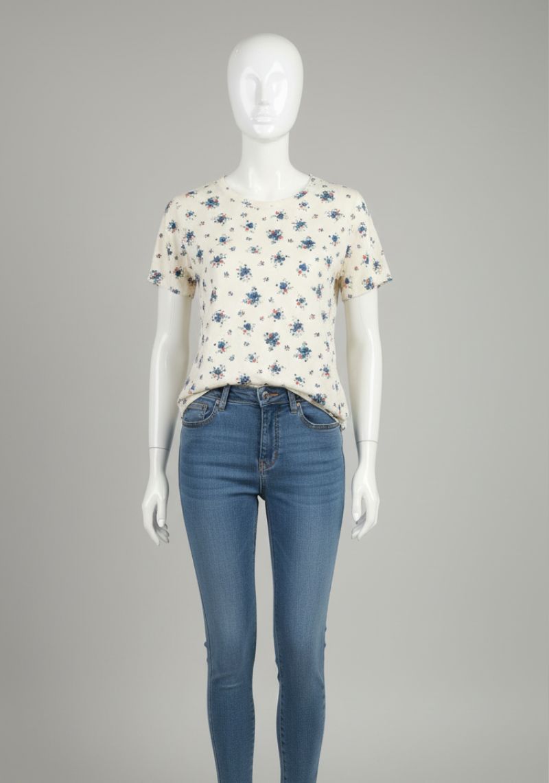 WOMEN WESTERN TOP - WHITE AND DARK BLUE FLORAL PRINT