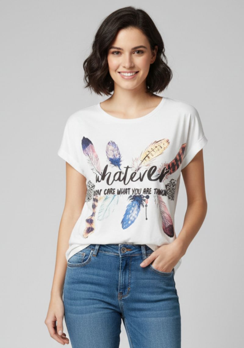 WOMENS T-SHIRT [MD] - PURE WHITE & MULTI COLOR PRINT