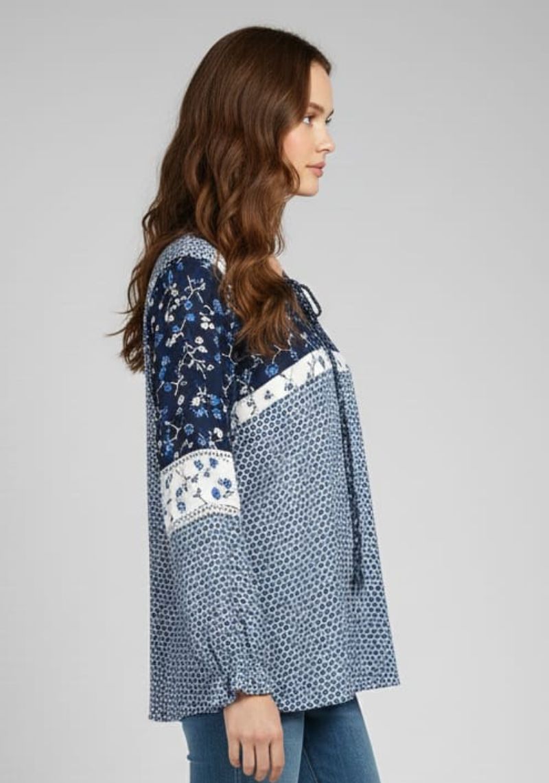 WOMENS WESTERN TOP [SL] - DARK BLUE AND SKY BLUE PRINT