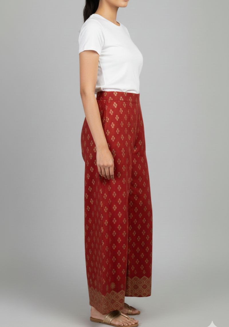 WOMENS PALAZZO - RED AND GOLDEN FLORAL  PRINTED