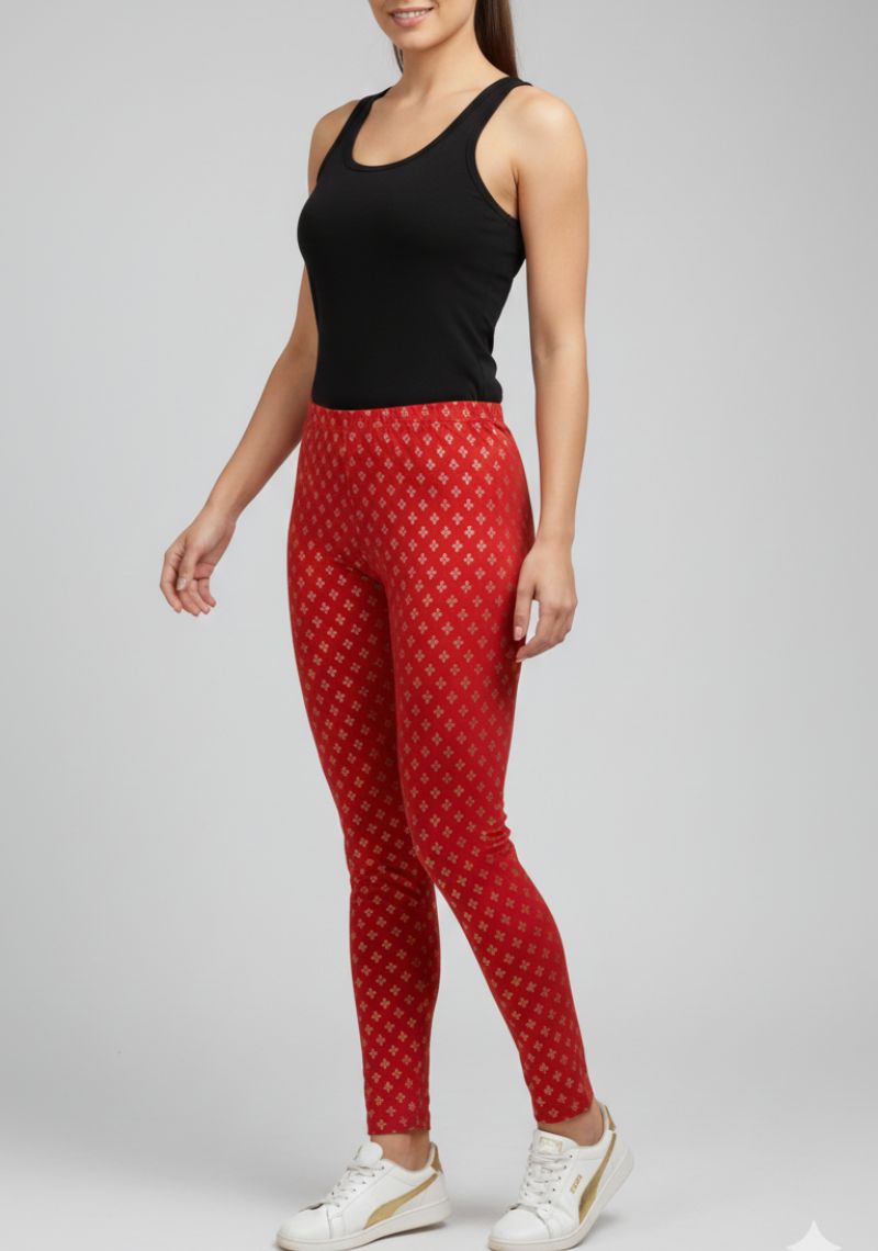 WOMENS LEGGINGS [MD] - BRIGHT RED AND GOLD PRINT