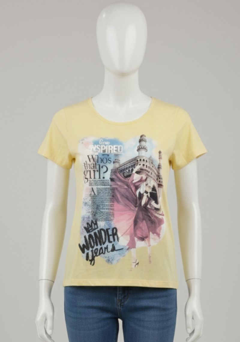 WOMENS T-SHRT [MD] - LIGHT YELLOW [ MULTI COLOR PRINT ]