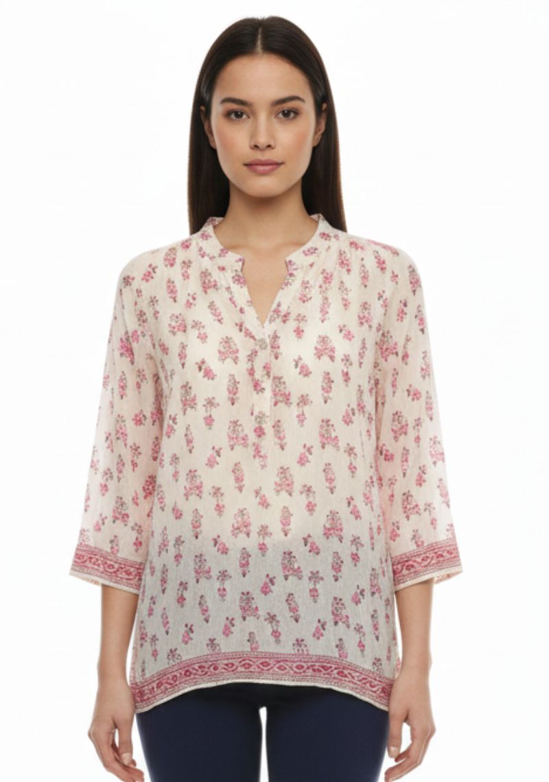 WOMENS WESTERN TOP [SL] - WHITE AND LIGHT PINK FLORAL PRINT