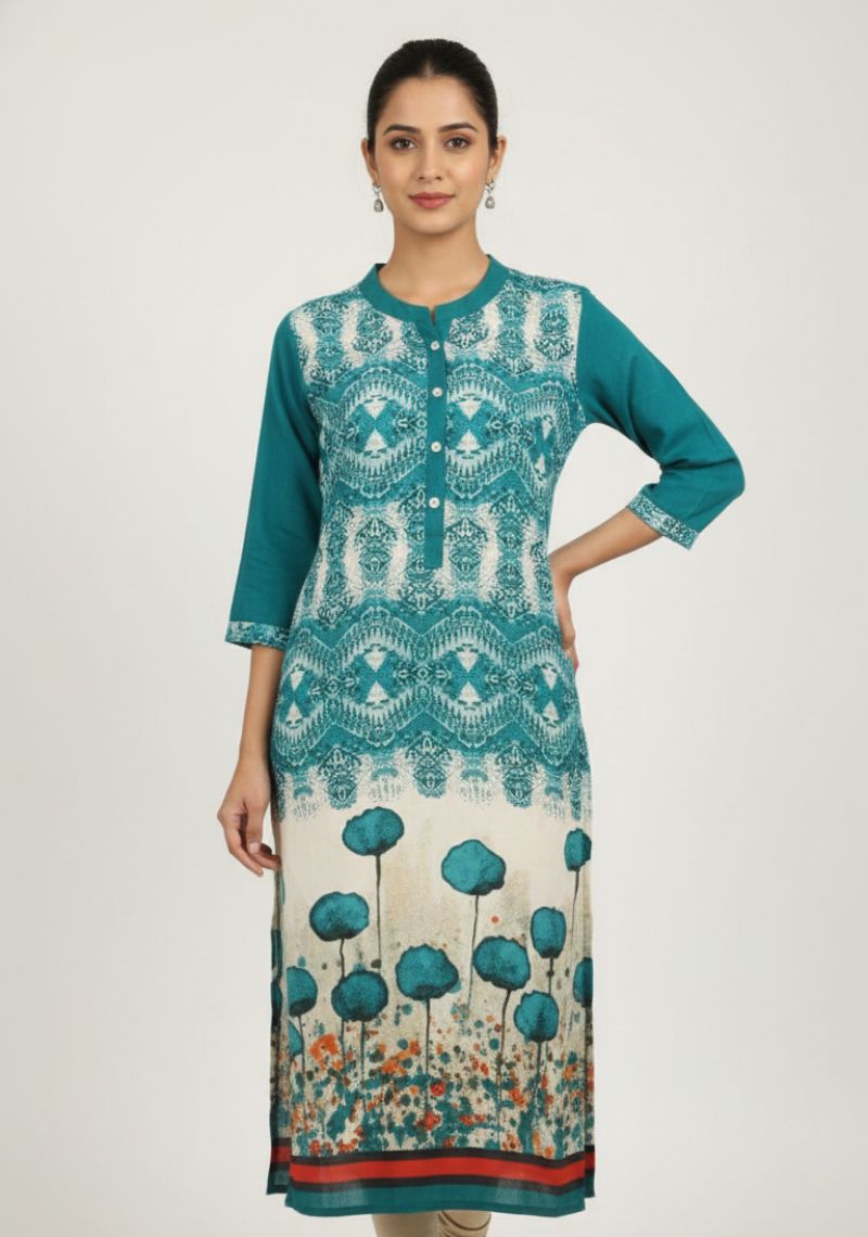 WOMENS KURTIS - TEAL GREEN AND WHITE PRINTED