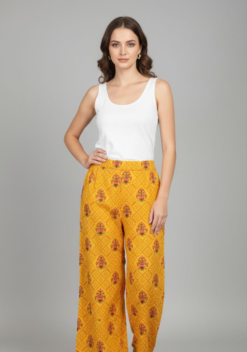 WOMENS PALAZZO - YELLOW AND MULTI COLOR PRINTED