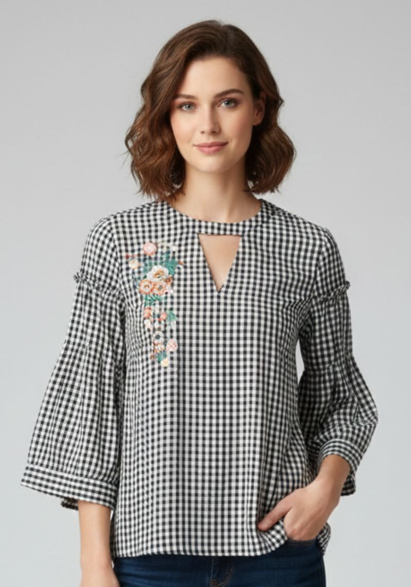 WOMEN WESTERN TOP - BLACK AND WHITE CHECKED