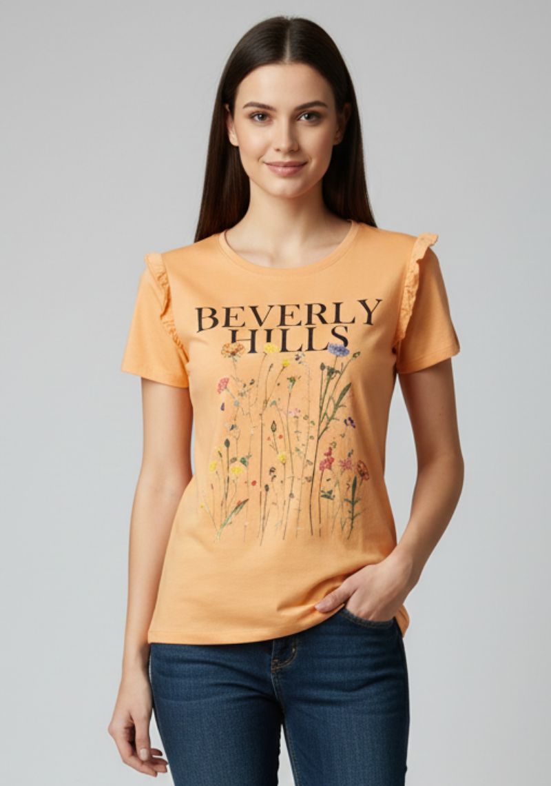 WOMENS T-SHIRT [MD] - LIGHT ORANGE & MULTI COLOR PRINTED