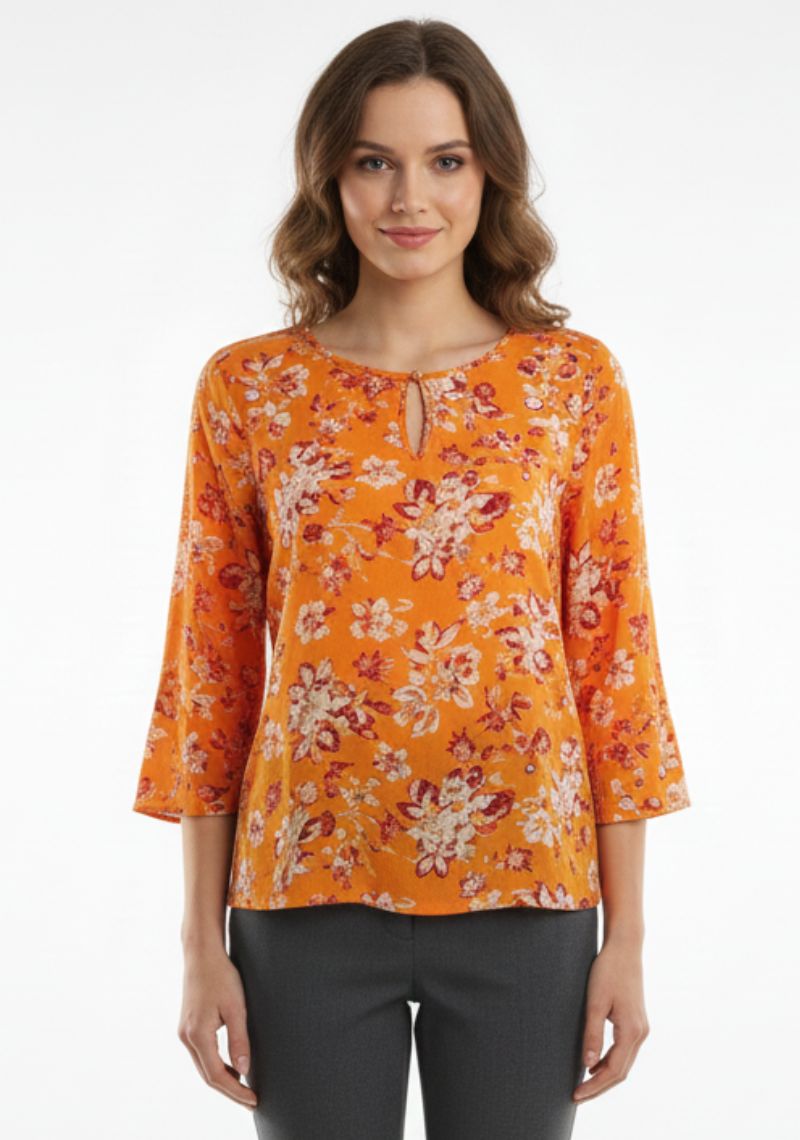 WOMENS WESTERN TOP [SL] - ORANGE FLORAL PRINT