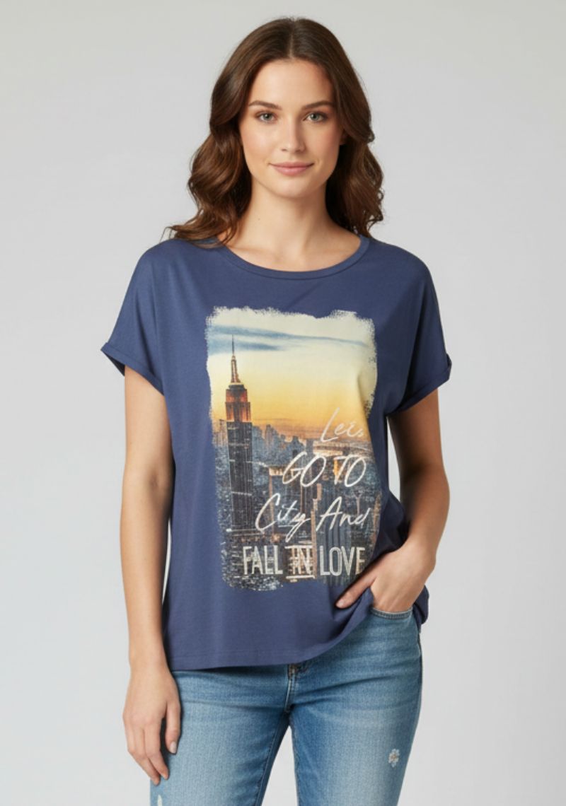 WOMENS T-SHIRT [MD] - DARK BLUE & MULTI COLOR PRINTED