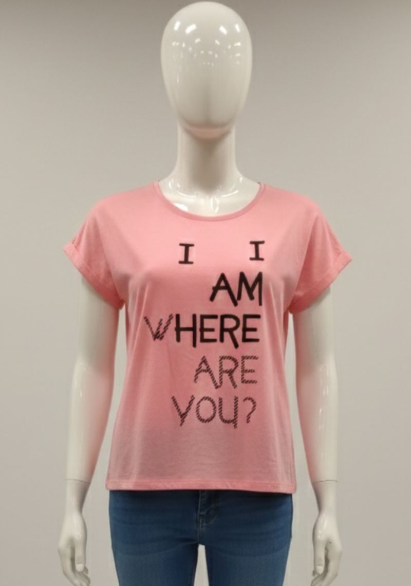 WOMENS T-SHIRT [MD] - PINK & BLACK WORDS PRINTED
