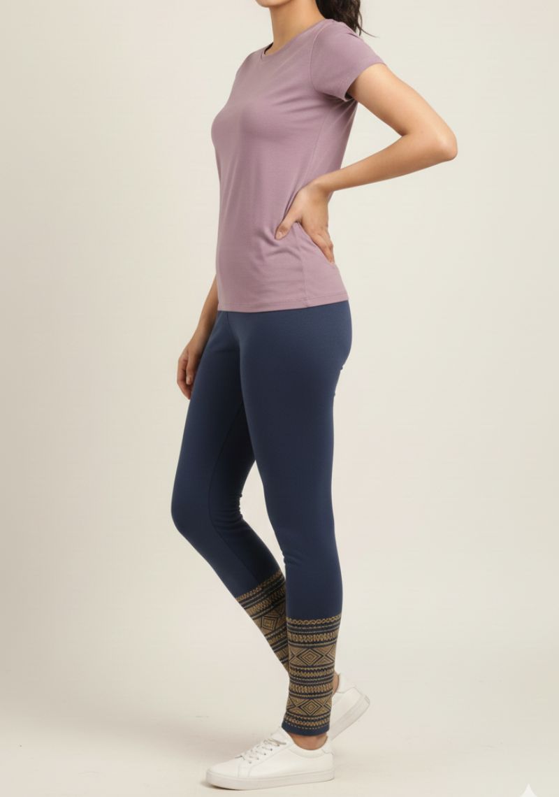 WOMENS LEGGINGS [MD] - DARK BLUE & GOLD PRINT