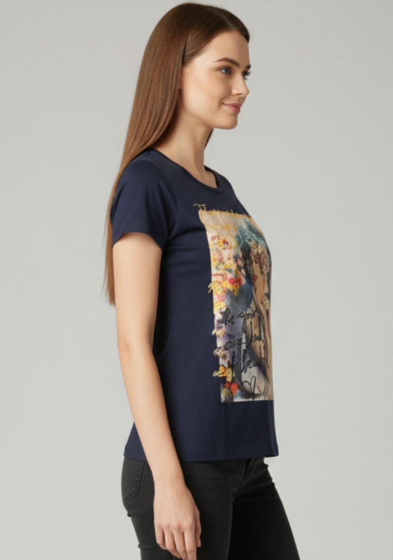 WOMENS T-SHIRT [MD] - NAVY BLUE & MULTI COLOR PRINT