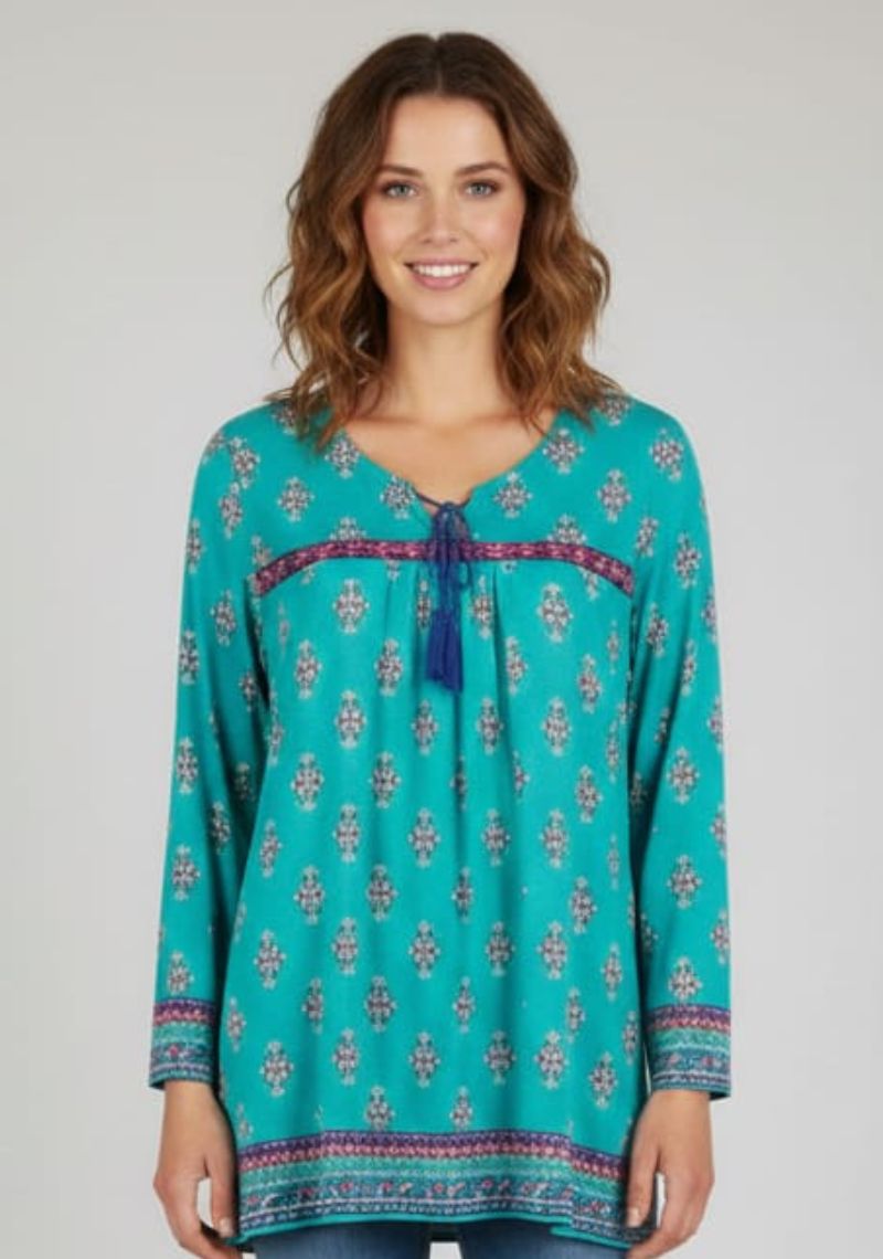 WOMENS WESTERN TOP [SL] - SKYBLUE & MULTI COLOR PRINTED