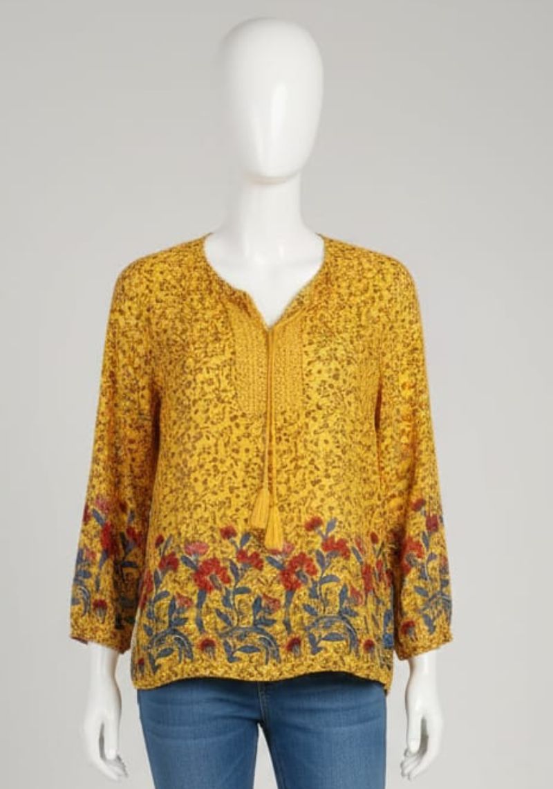 WOMENS WESTERN TOP [SL] - YELLOW & MULTI COLOR PRINTED