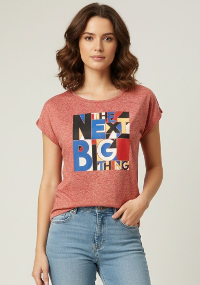 WOMENS T-SHIRT [ MD] - RED MELANGE & MULTI COLOUR PRINTED