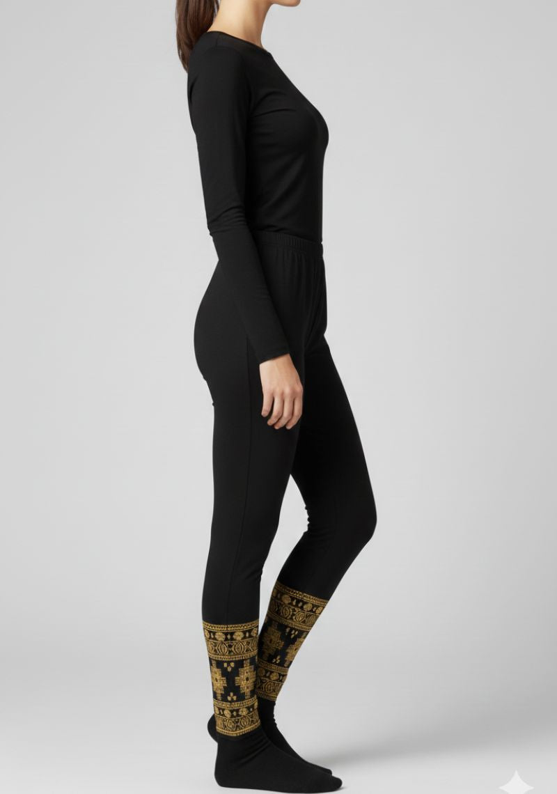 WOMENS LEGGINGS [MD] - PLAIN BLACK AND GOLDEN PRINTED