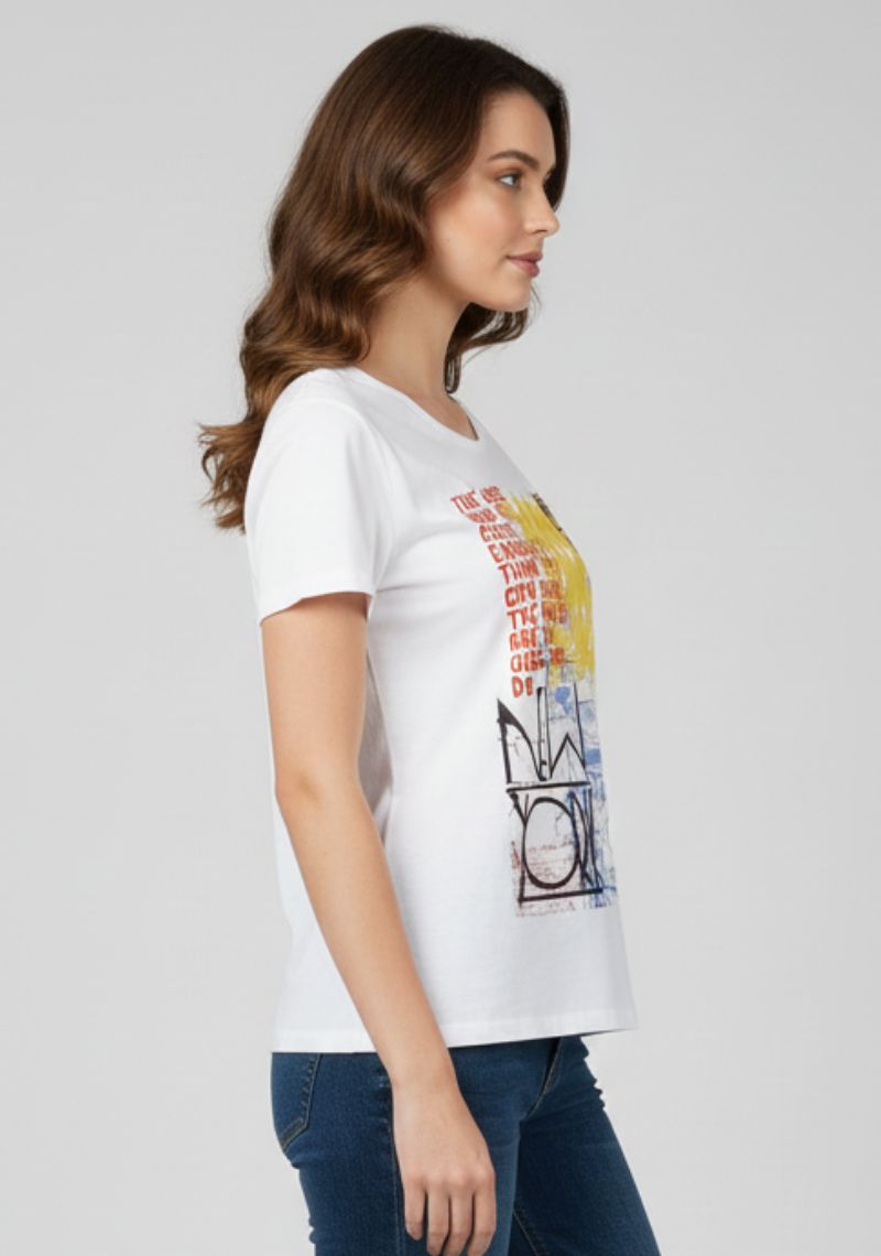 WOMENS T-SHIRT [MD] - WHITE [MULTI COLOR PRINTED ]