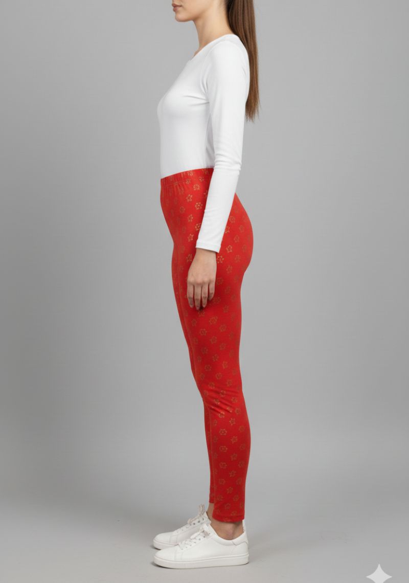 WOMENS LEGGINGS [MD] - RED AND GOLDEN FLORAL PRINTED