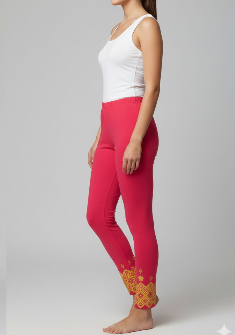 WOMENS LEGGINGS [MD] - BRIGHT PINK AND GOLDEN PRINTED