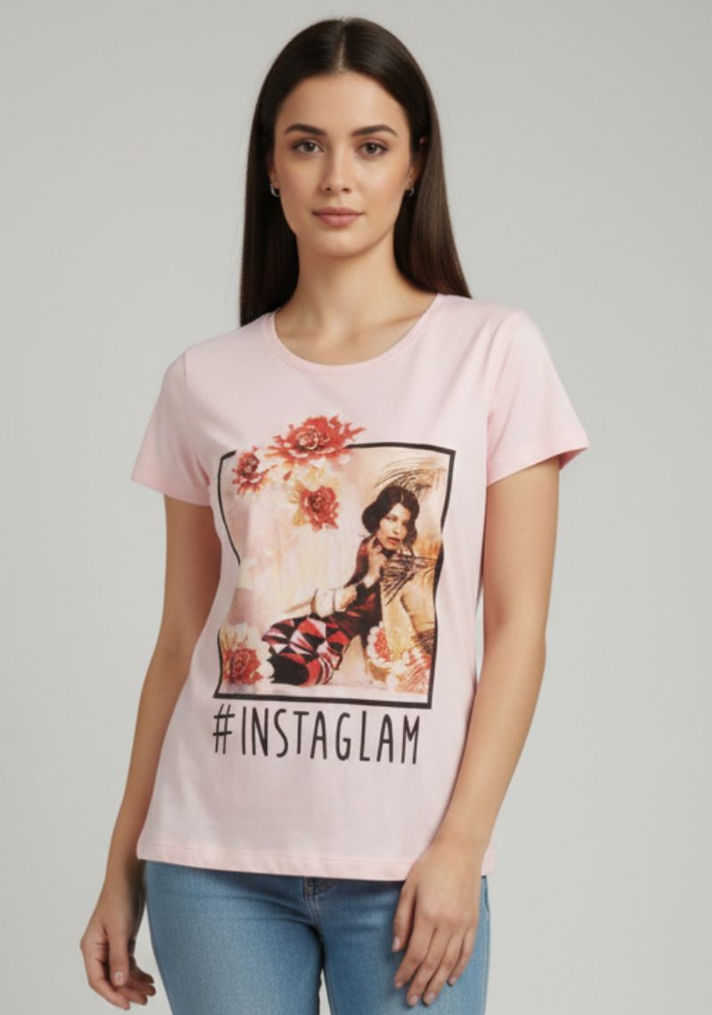 WOMENS T-SHIRT [MD] - LIGHT PINK & MULTI COLOR PRINT