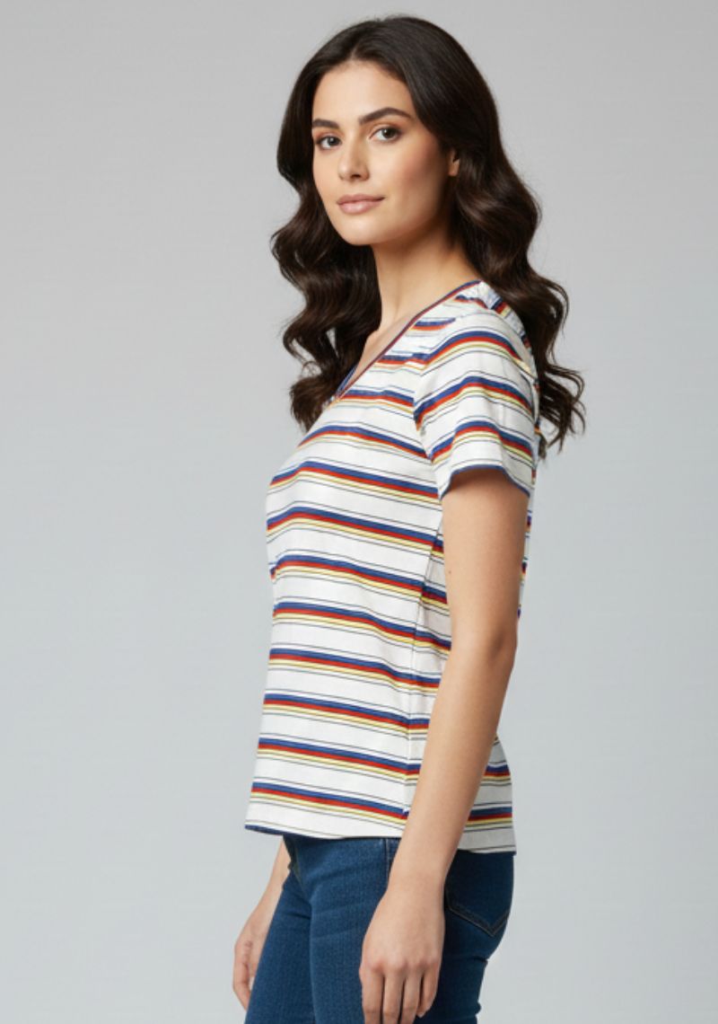 WOMENS T-SHIRT [MD] - BLUE,RED& YELLOW STRIPES