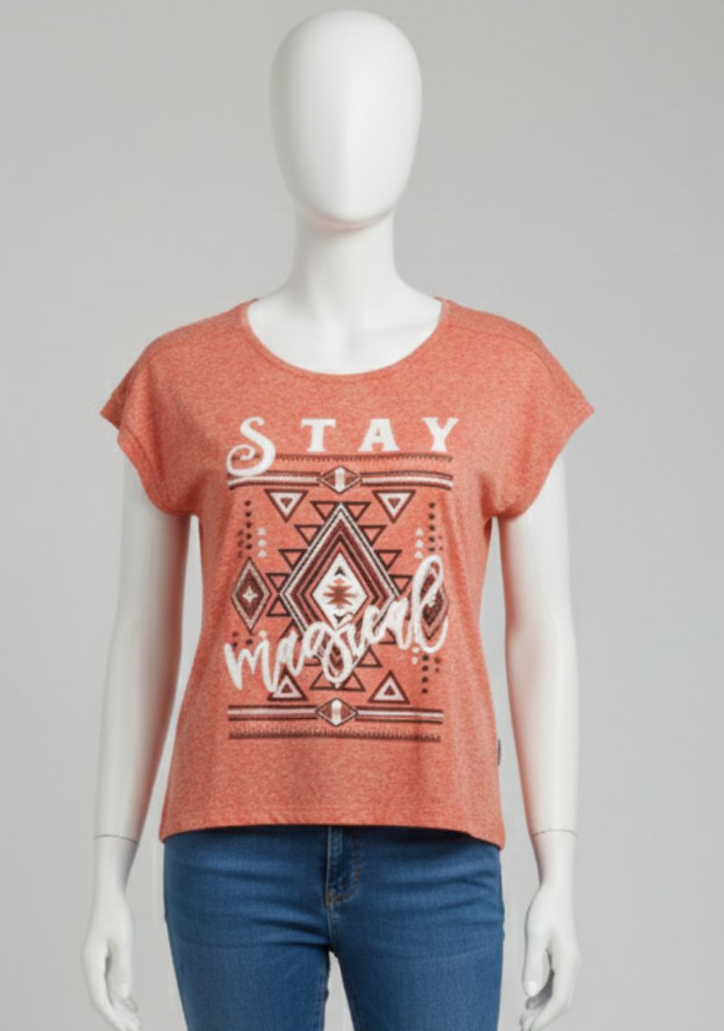 WOMENS T-SHIRT [MD] - ORANGE & MULTI COLOR PRINT