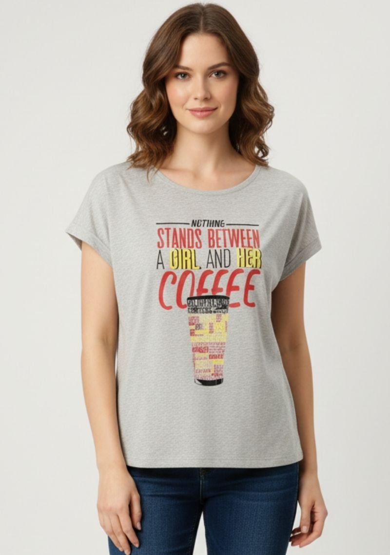 WOMEN T-SHIRT [MD] - LIGHT GREY [MULTI COLOR PRINTED ]