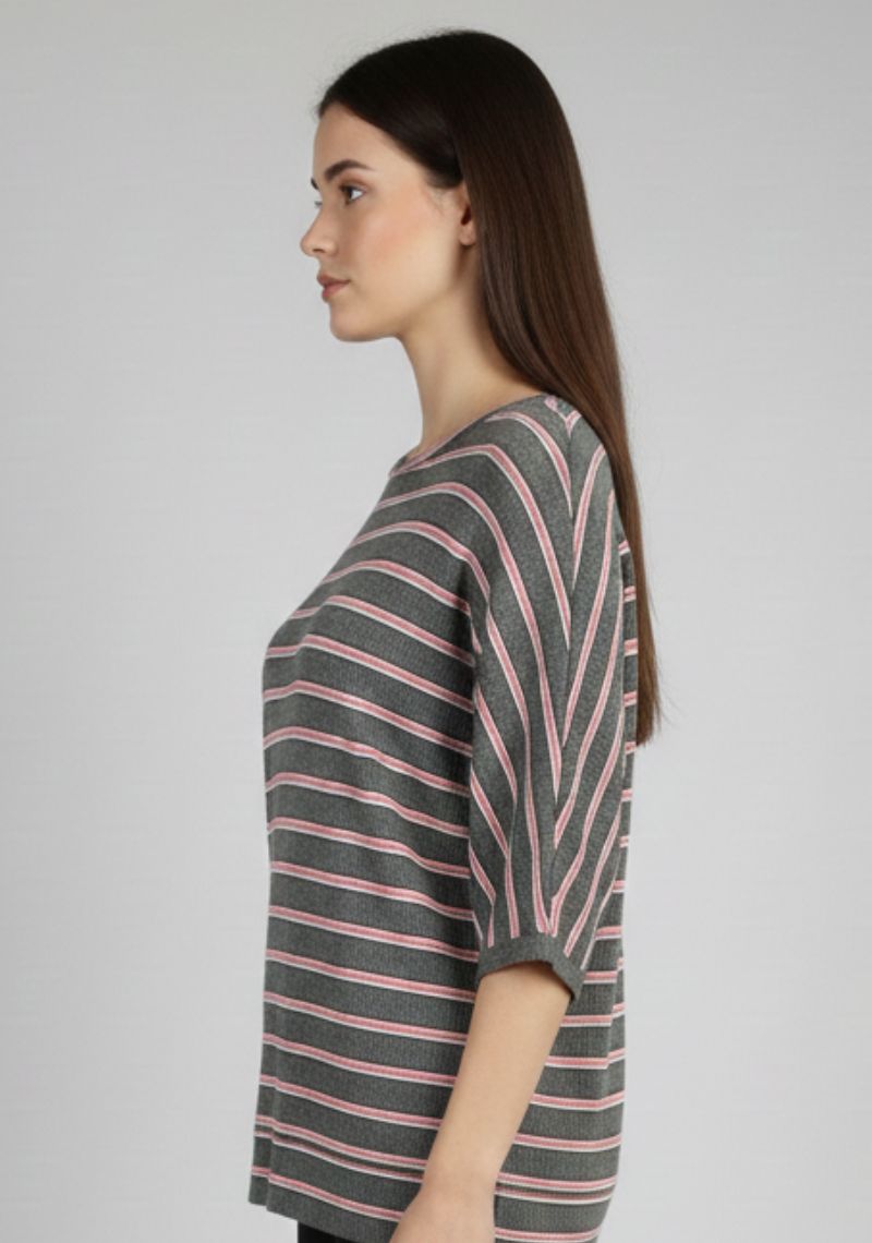 WOMEN T-SHIRT (SL)-GRAY PINK MXD