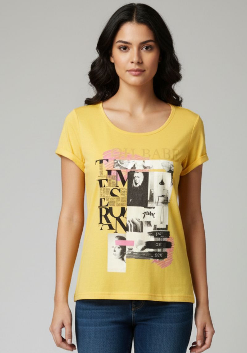 WOMENS T-SHIRT [MD] - YELLOW  [MULTI COLOR PRINTED]