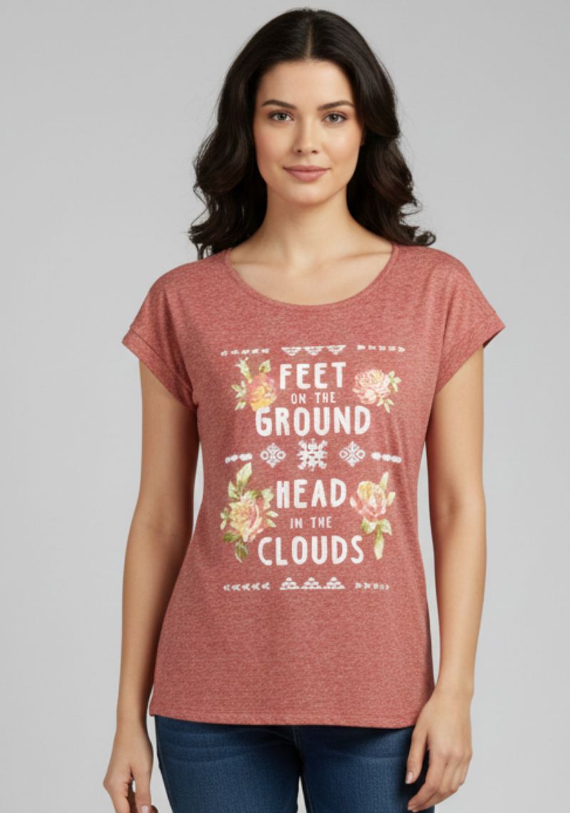 WOMENS T-SHIRT [MD] - RED MELANGE [MULTI COLOR PRINTED]