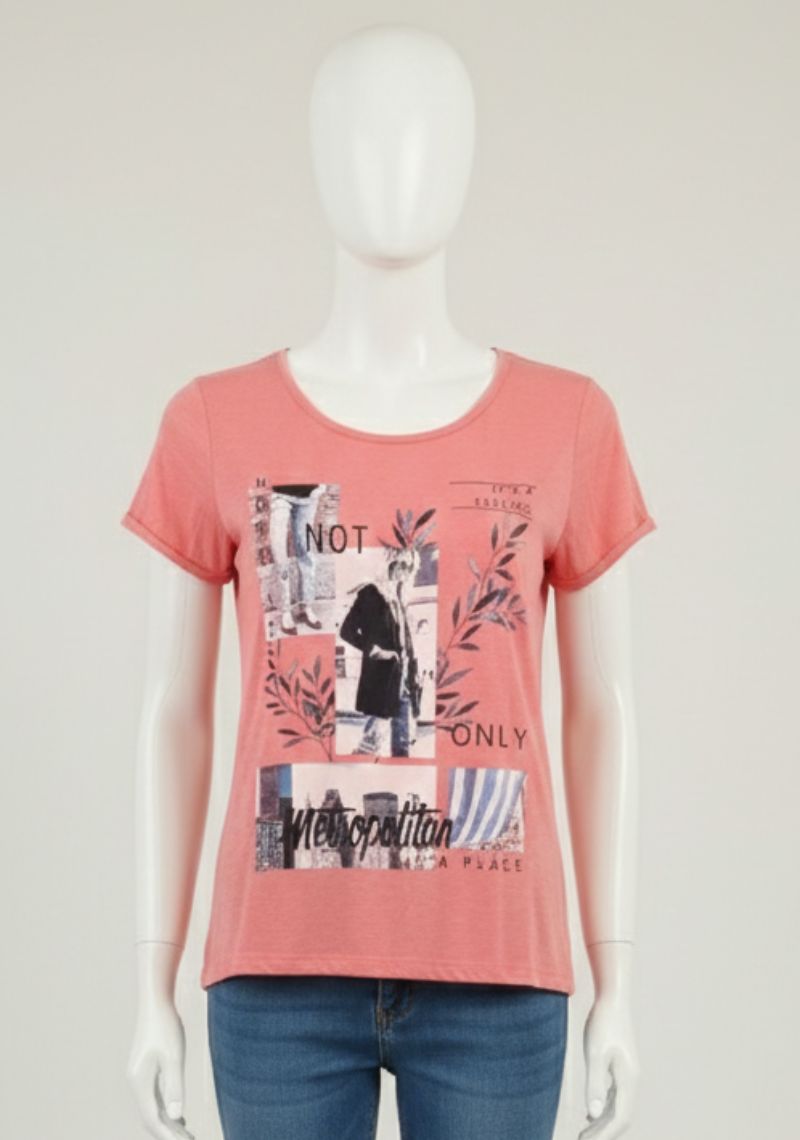WOMENS T-SHIRT [MD] - BRIGHT PINK & MULTI COLOR PRINT