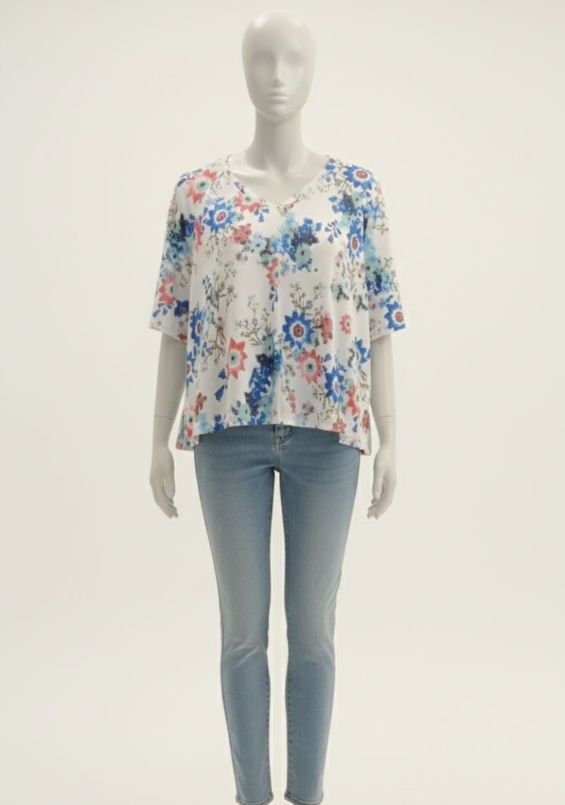 WOMEN WESTERN TOP - WHITE AND BLUE FLORAL PRINT