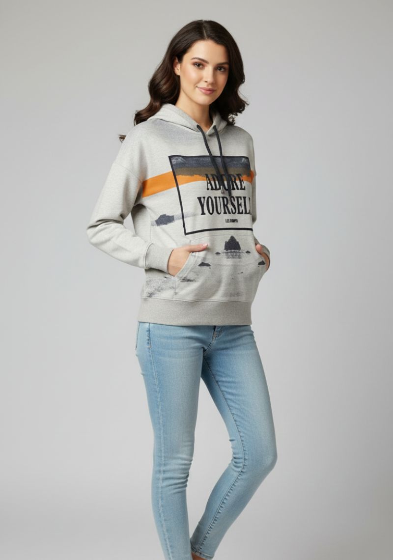 WOMEN SWEATSHIRT - PLAIN GREY AND FRONT MULTI CLOR PRINTED